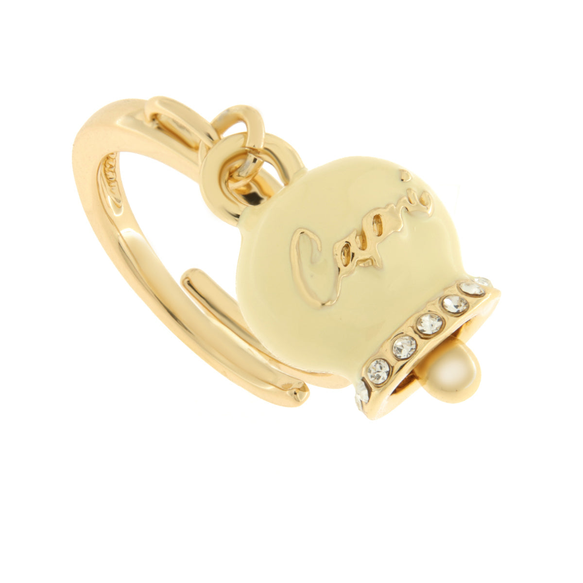 Metal ring with cream bell written Capri