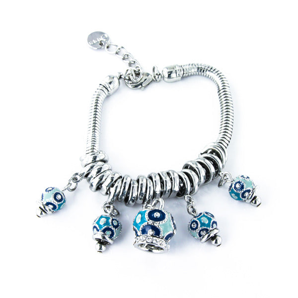Bracciale in Metallo multiciondoli pendenti con campanelle azzurre e cristalli luminosi