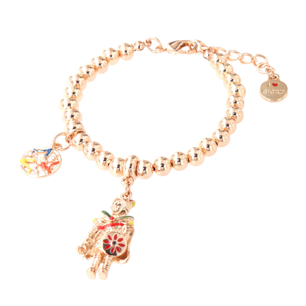 Bracciale in Metallo maglia a sfere, con pupo siciliano pendente, impreziosito da smalti colorati