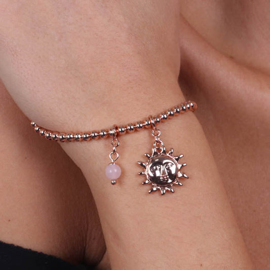 Bracciale in Metallo maglia a sfere, con sole e perlina rosa, pendenti
