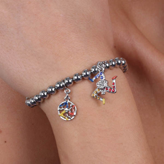 Bracciale in Metallo maglia a sfere con trinacria pendente impreziosita da cristalli multicolore