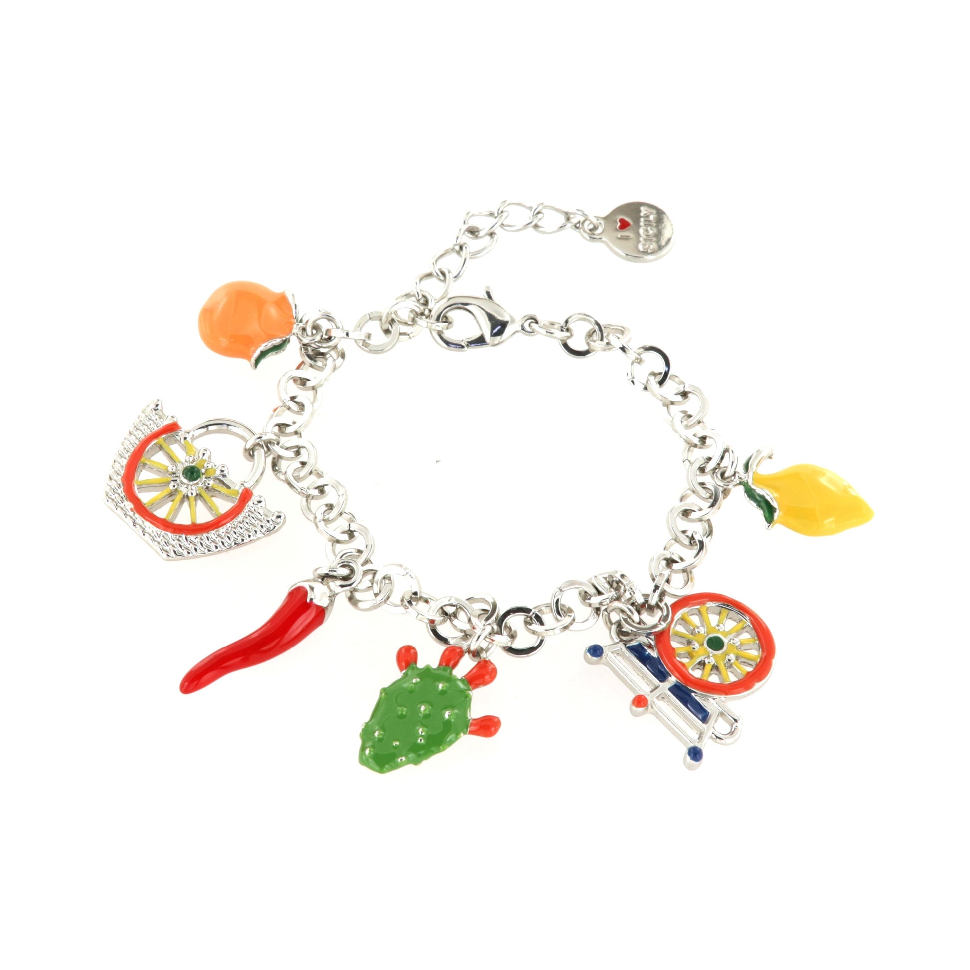 Bracciale in Metallo con charm siciliani, carretto, coffa, fico d'india, corno portafortuna