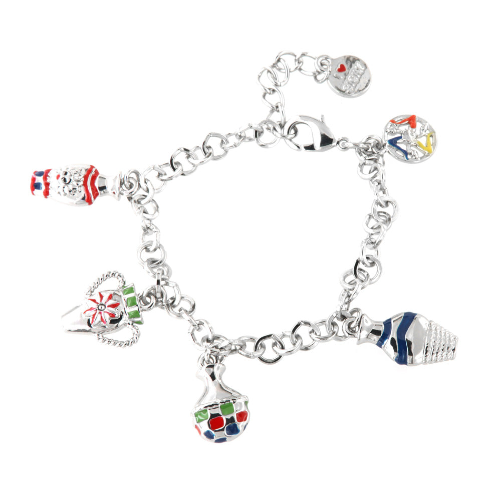 Bracciale in Metallo maglia rolò, multiciondolo, con anfore pendenti, impreziosite da smalti colorati