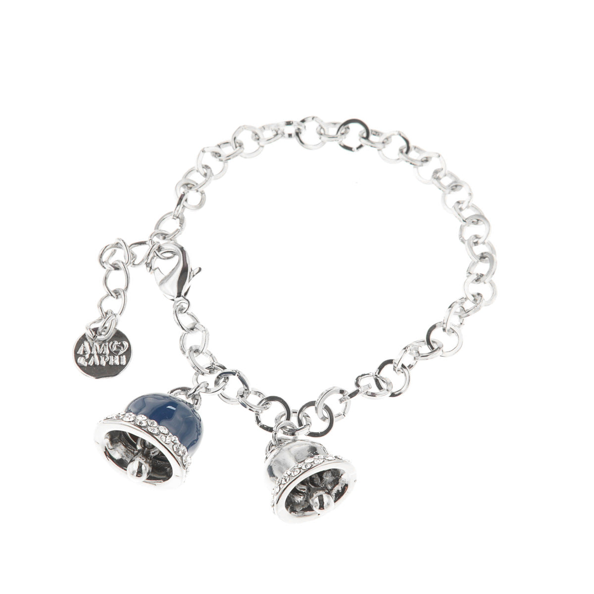 Bracciale in Metallo con campanella portafortuna smaltata blu impreziosita da cristalli bianchi