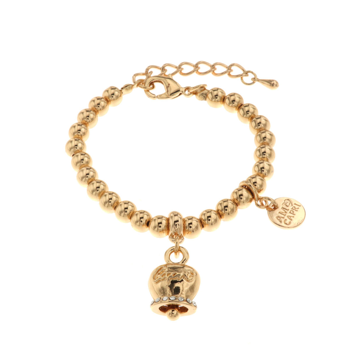 Bracciale in Metallo maglia a sfera, con campanella portafortuna, con scritta Capri a rilievo e cristalli bianchi