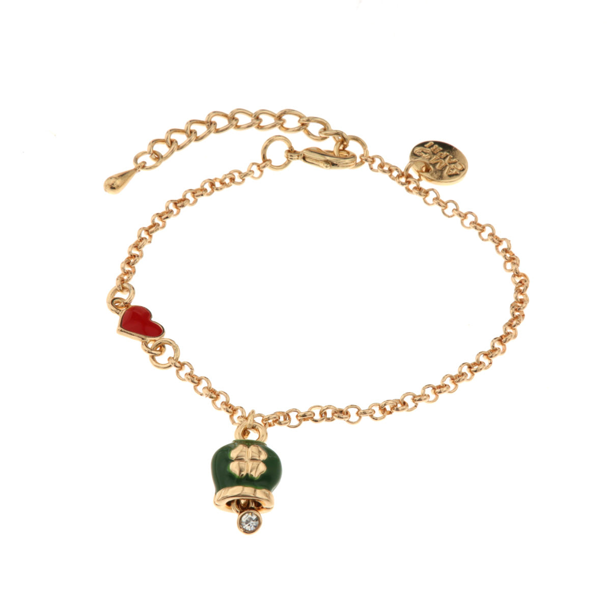 Bracciale in Metallo con cuore e campanella portafortuna verde con quadrifoglio