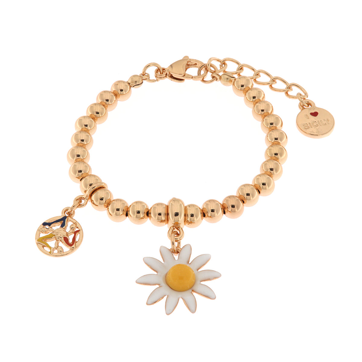 Bracciale in Metallo con pendente a forma di margherita e trinacria in smalto colorato