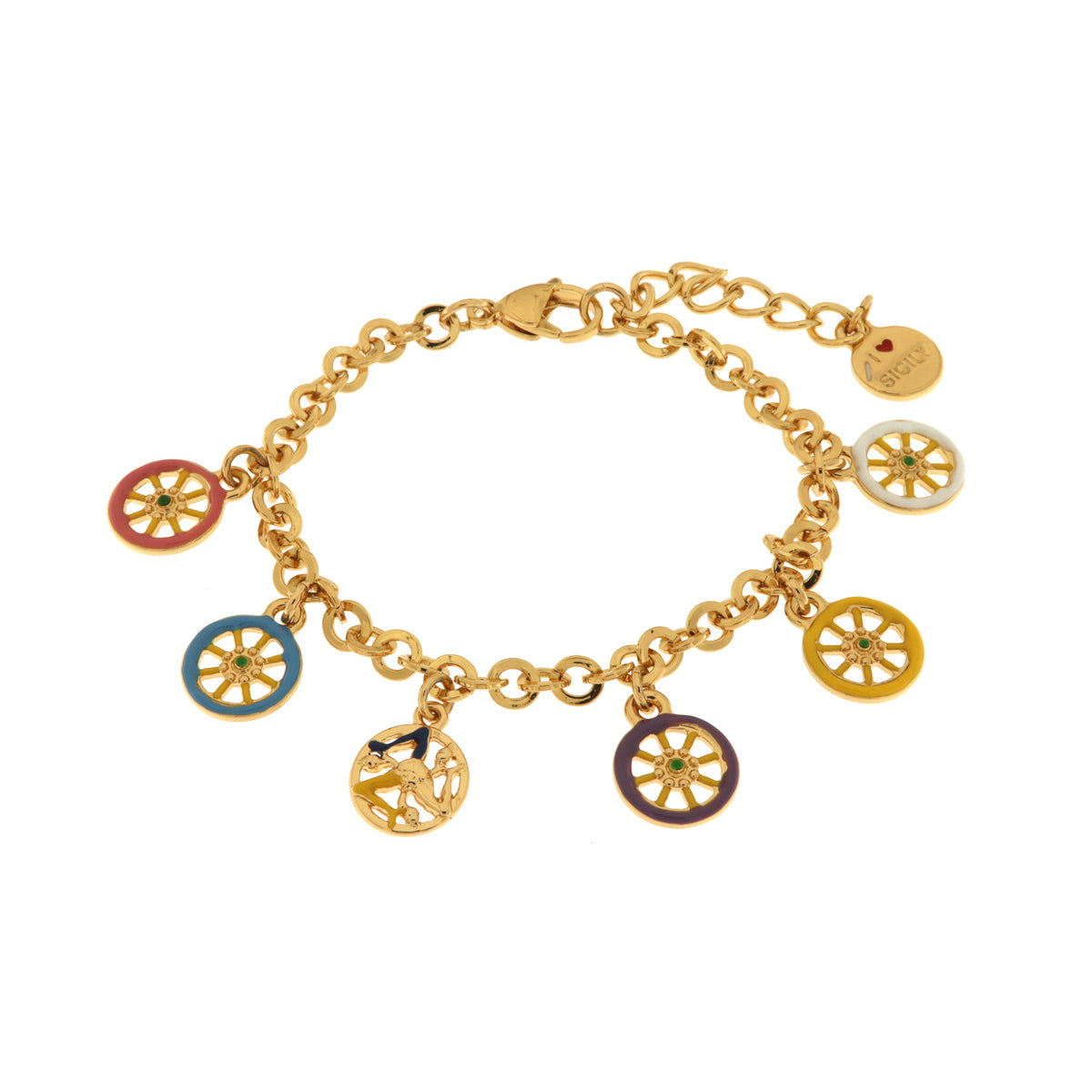 Bracciale in Metallo con ruote carro colorate e trinacria pendenti