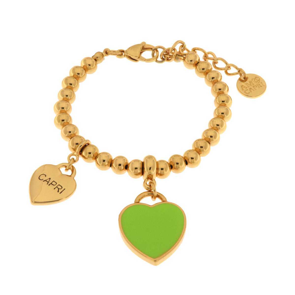 Bracciale in Metallo con cuore pendente in smalto verde e scritta Capri