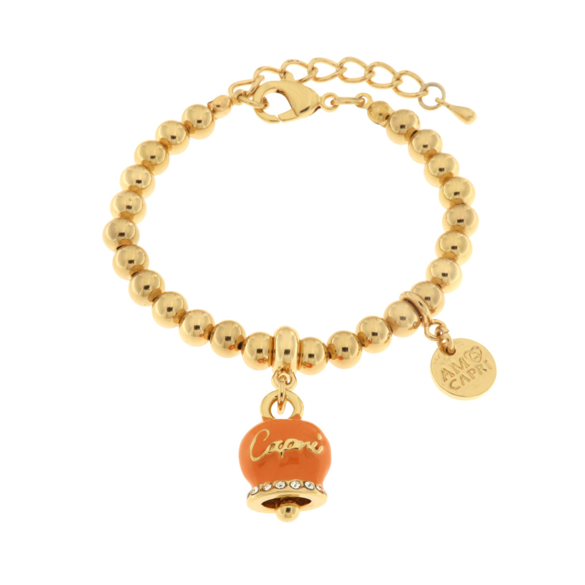 Bracciale in Metallo con campanella scritta capri pendente impreziosita da cristalli e smalto arancione