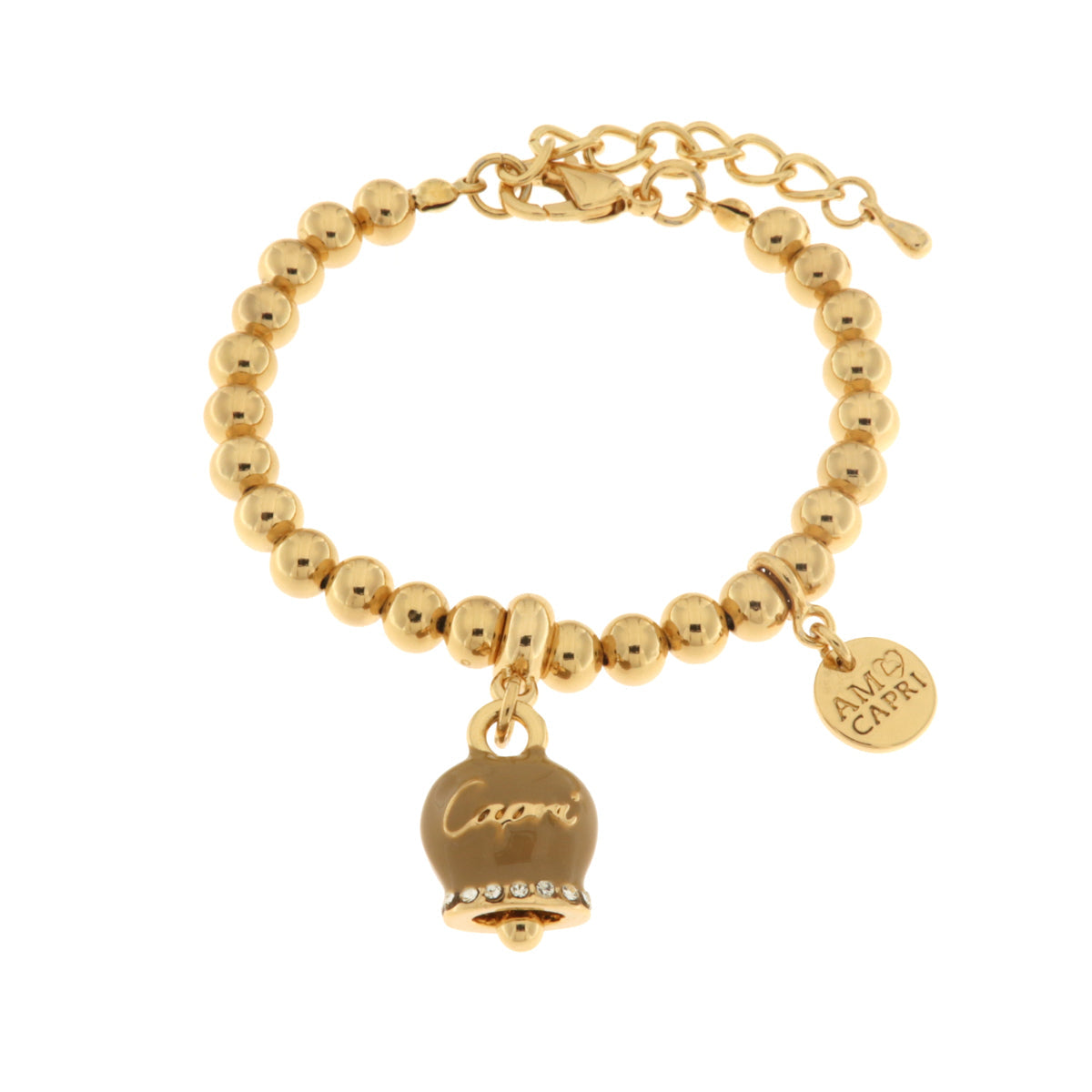 Bracciale in Metallo con campanella scritta capri pendente impreziosita da cristalli e smalto caffè