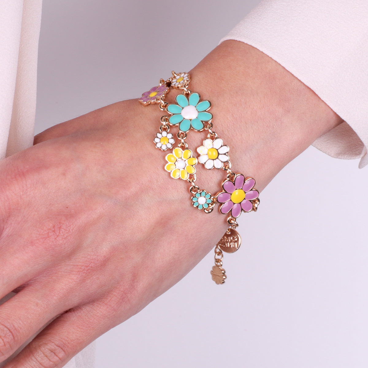 Bracciale in Metallo con doppie margherite colorate