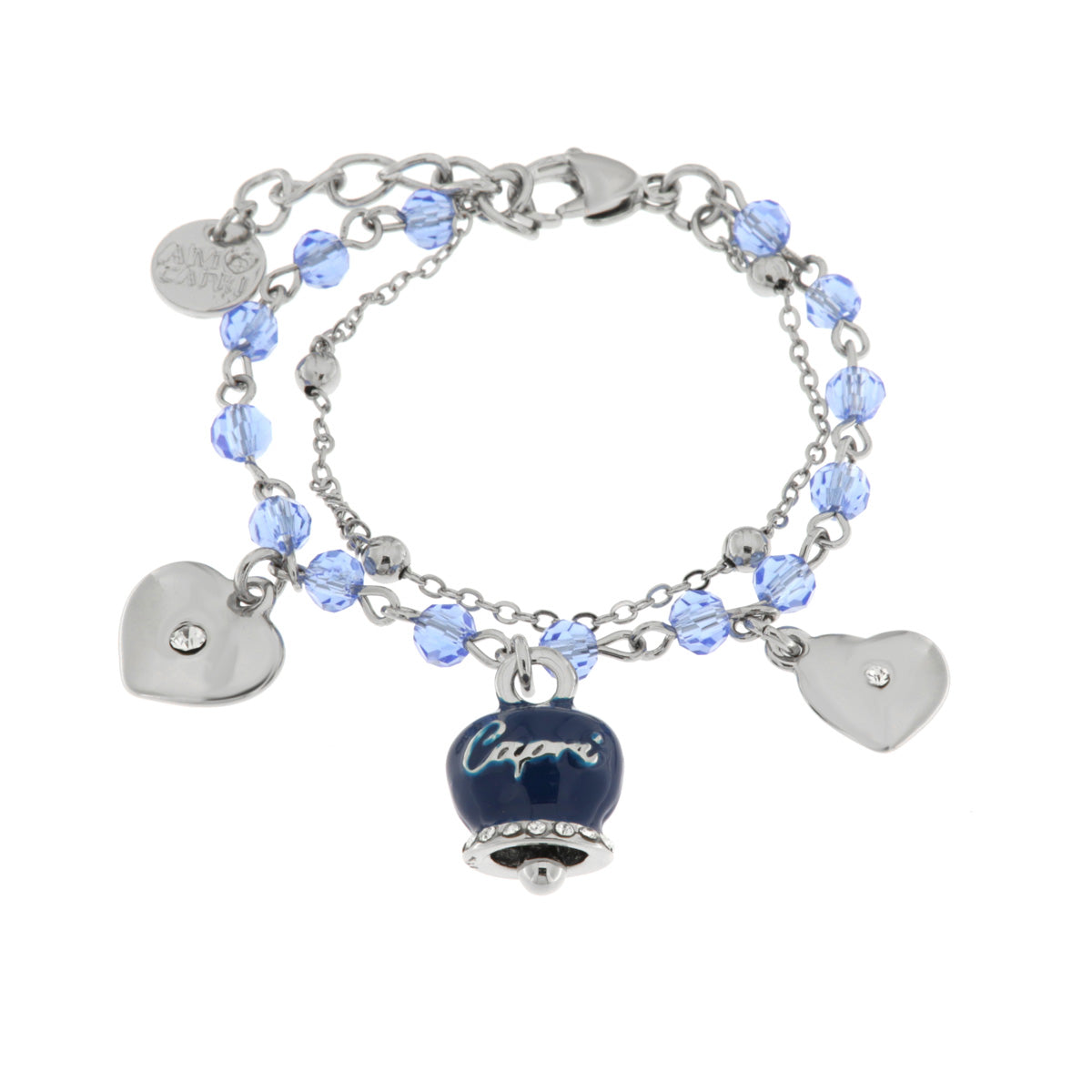Bracciale in Metallo con campana smaltata blu e cuoricini pendenti