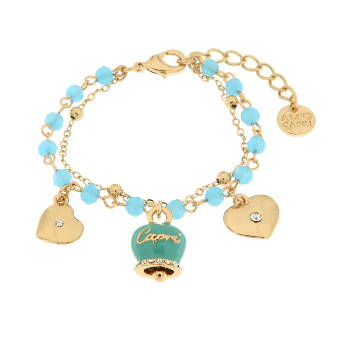 Bracciale in Metallo con campana smaltata azzurra e cuoricini pendenti
