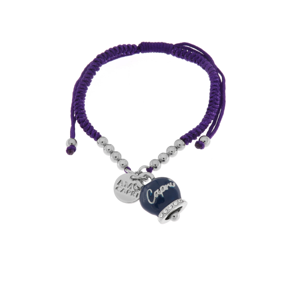 Bracciale in Metallo con cordino viola e sfere con campanella blu