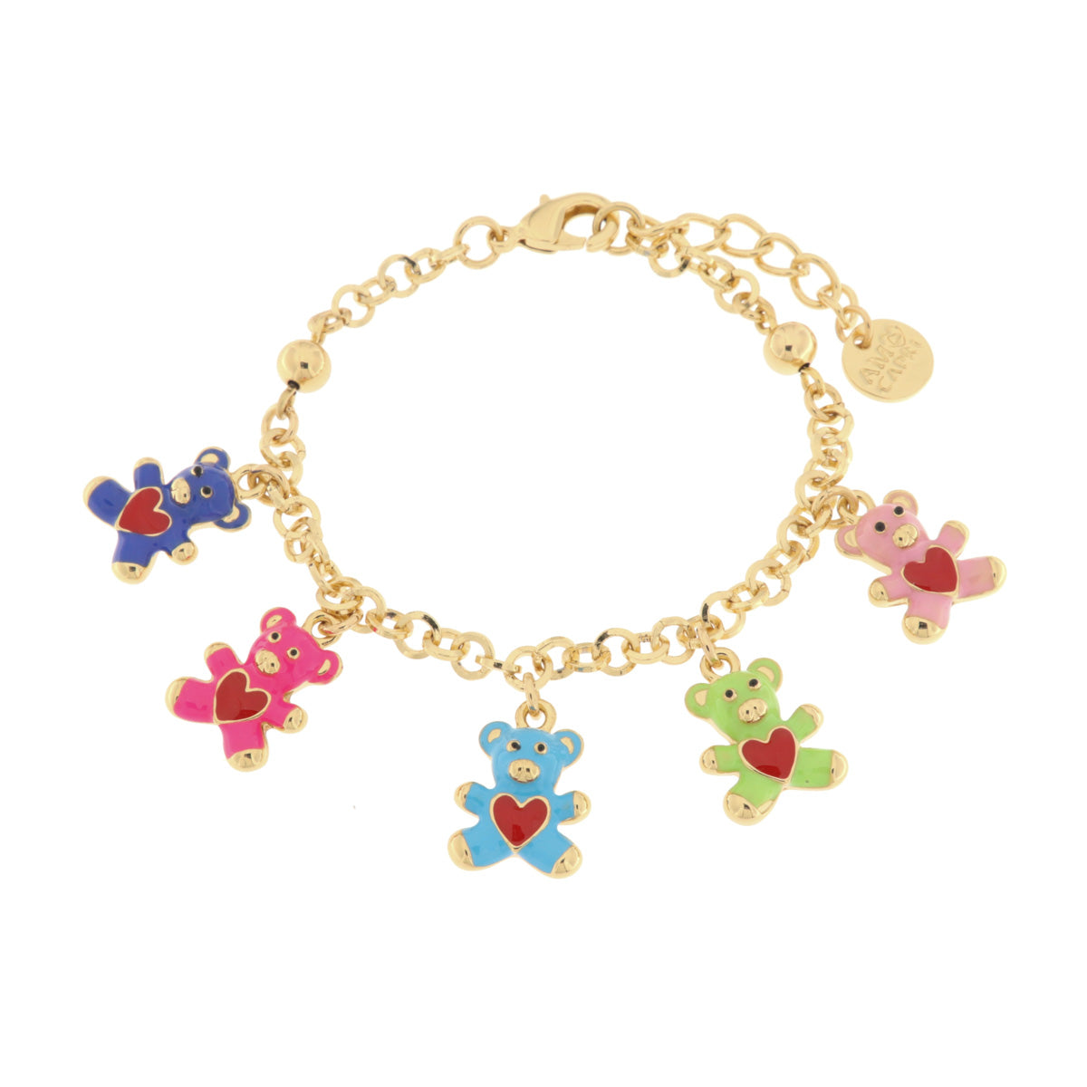 Metal bracelet with colorful teddy bears and red hearts