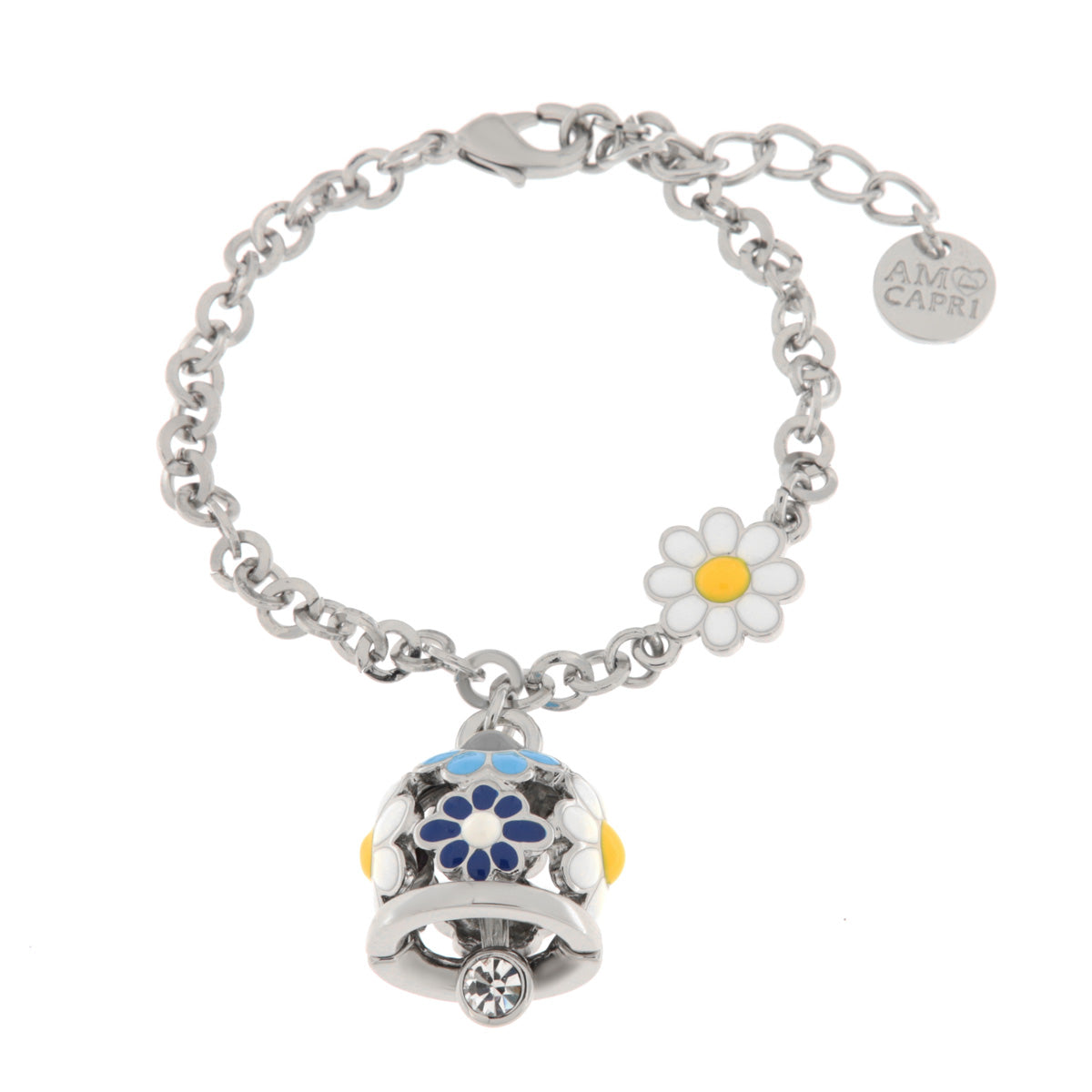Metal bracelet with bell and blue and white daisies