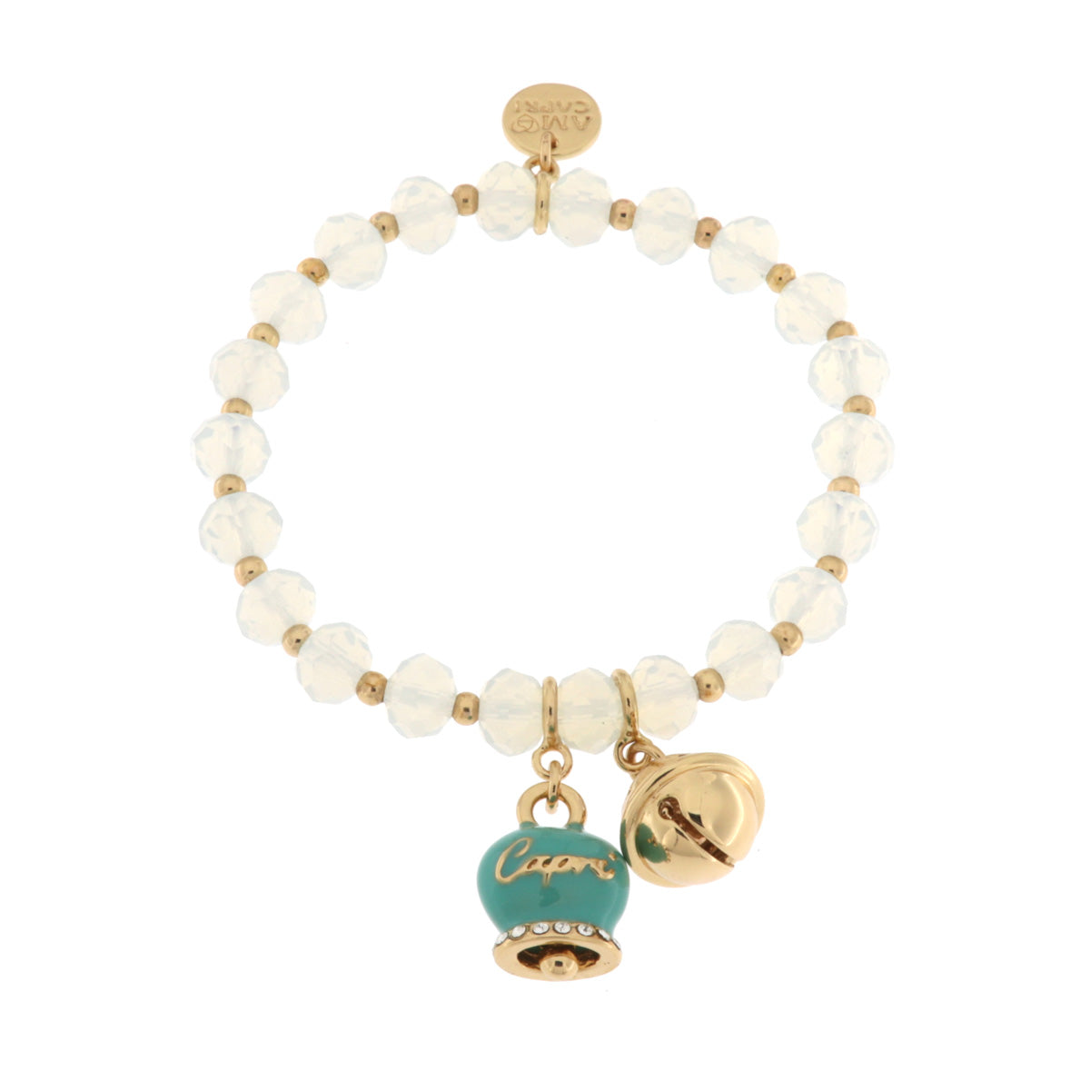 Metal bracelet with green bell and small rattle with white stones
