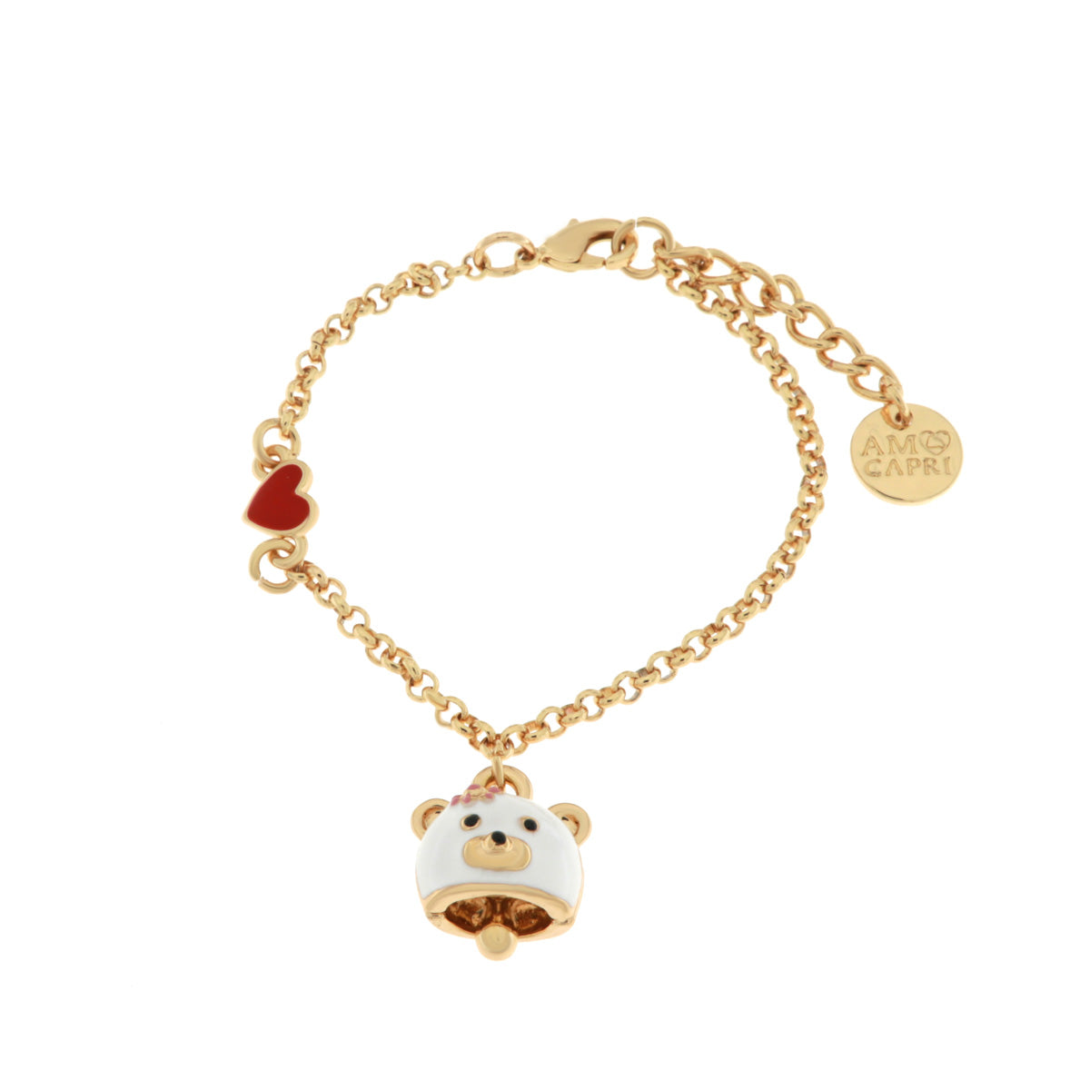Metal bracelet with bell in the shape of a white bear and a red heart