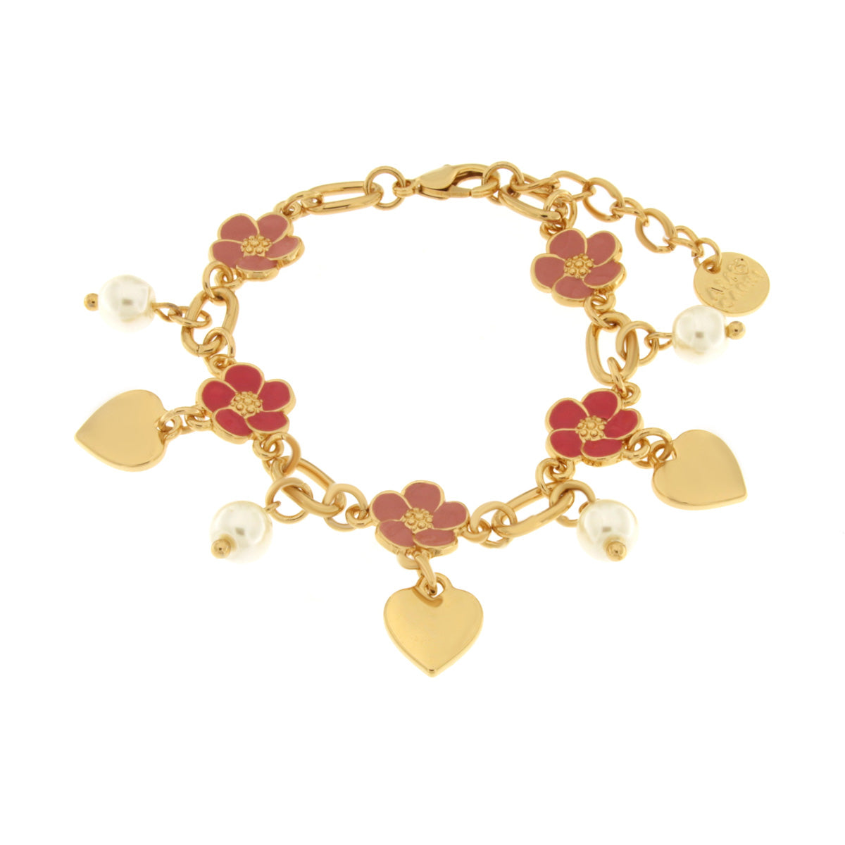 Metal bracelet with fuchsia flowers and hanging hearts