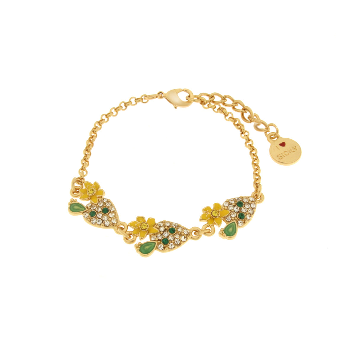 Metal bracelet with cactus and colored crystals