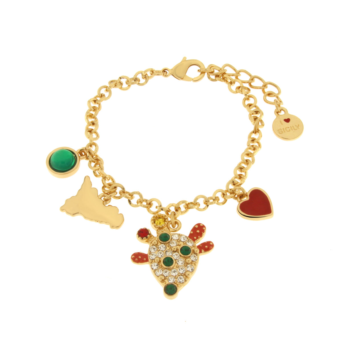 Metal bracelet with cactus and Sicily with green crystals and red heart