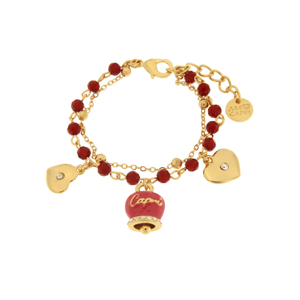 Multi-strand metal bracelet with fuchsia bell and red stones