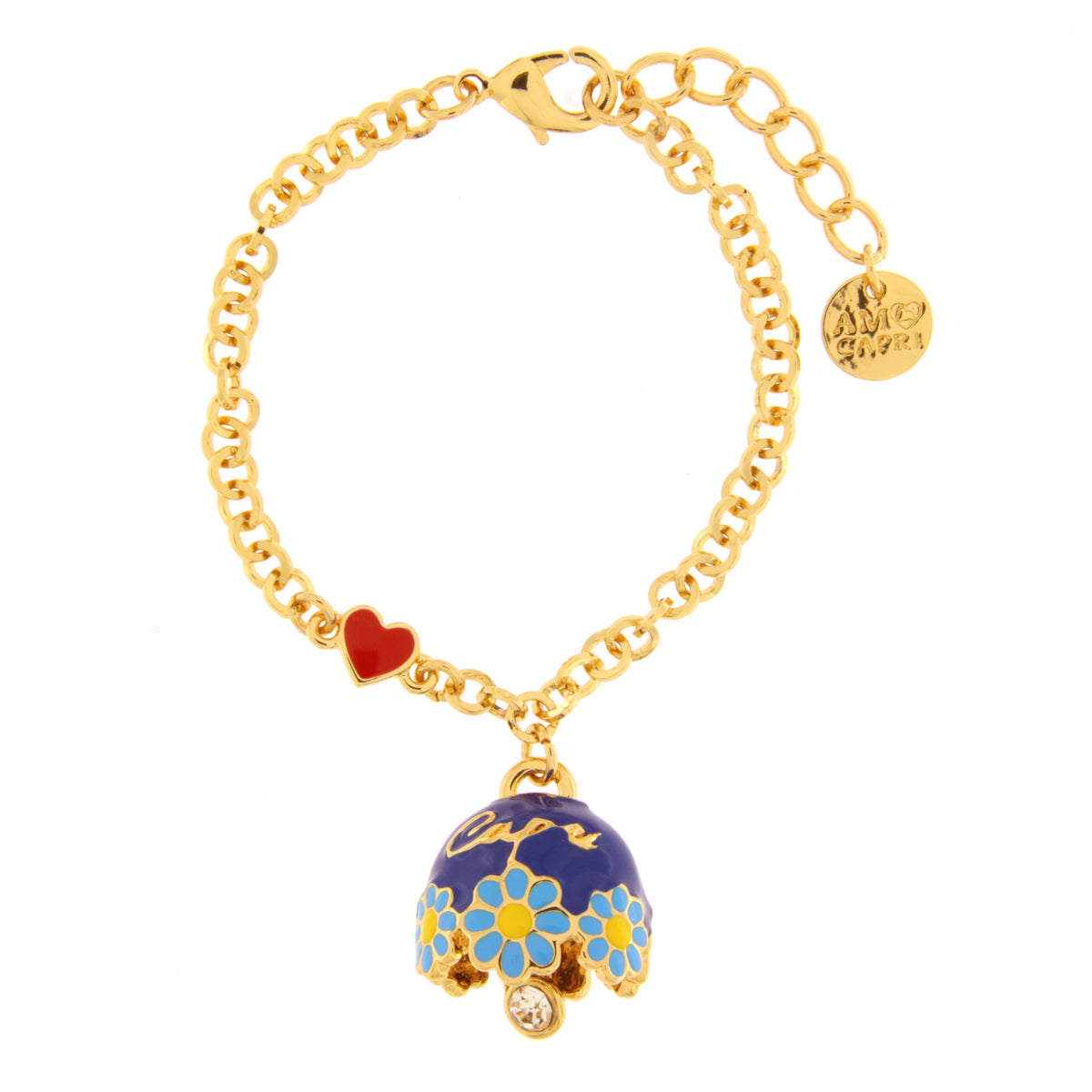 Metal bracelet with blue bell embellished with daisies and Capri writing