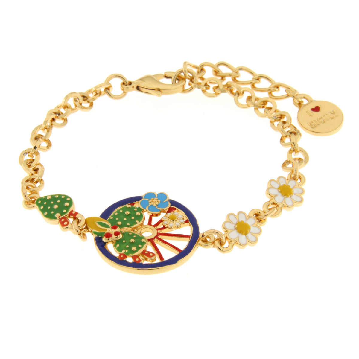Metal bracelet with blue wheel embellished with cacti, lemons and flowers