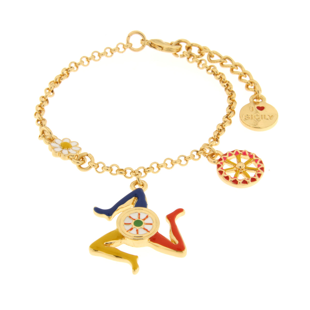 Metal bracelet with trinacria and cart wheel