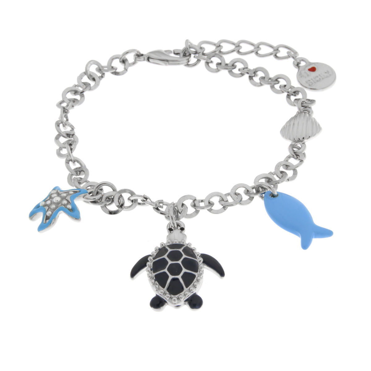 Metal bracelet with blue turtle, fish and starfish