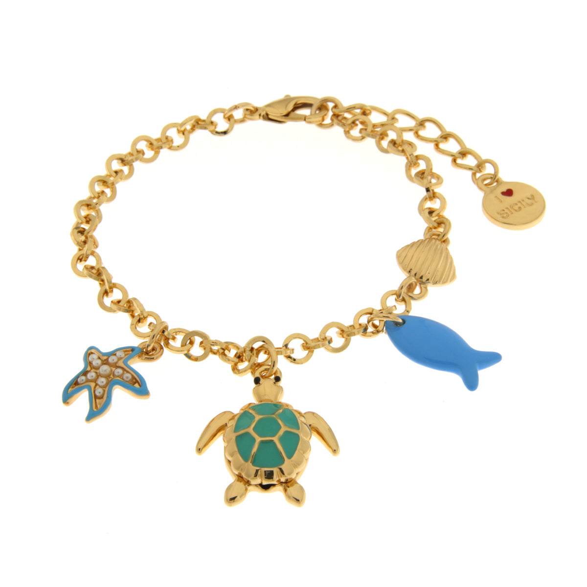 Metal bracelet with green turtle, fish and starfish