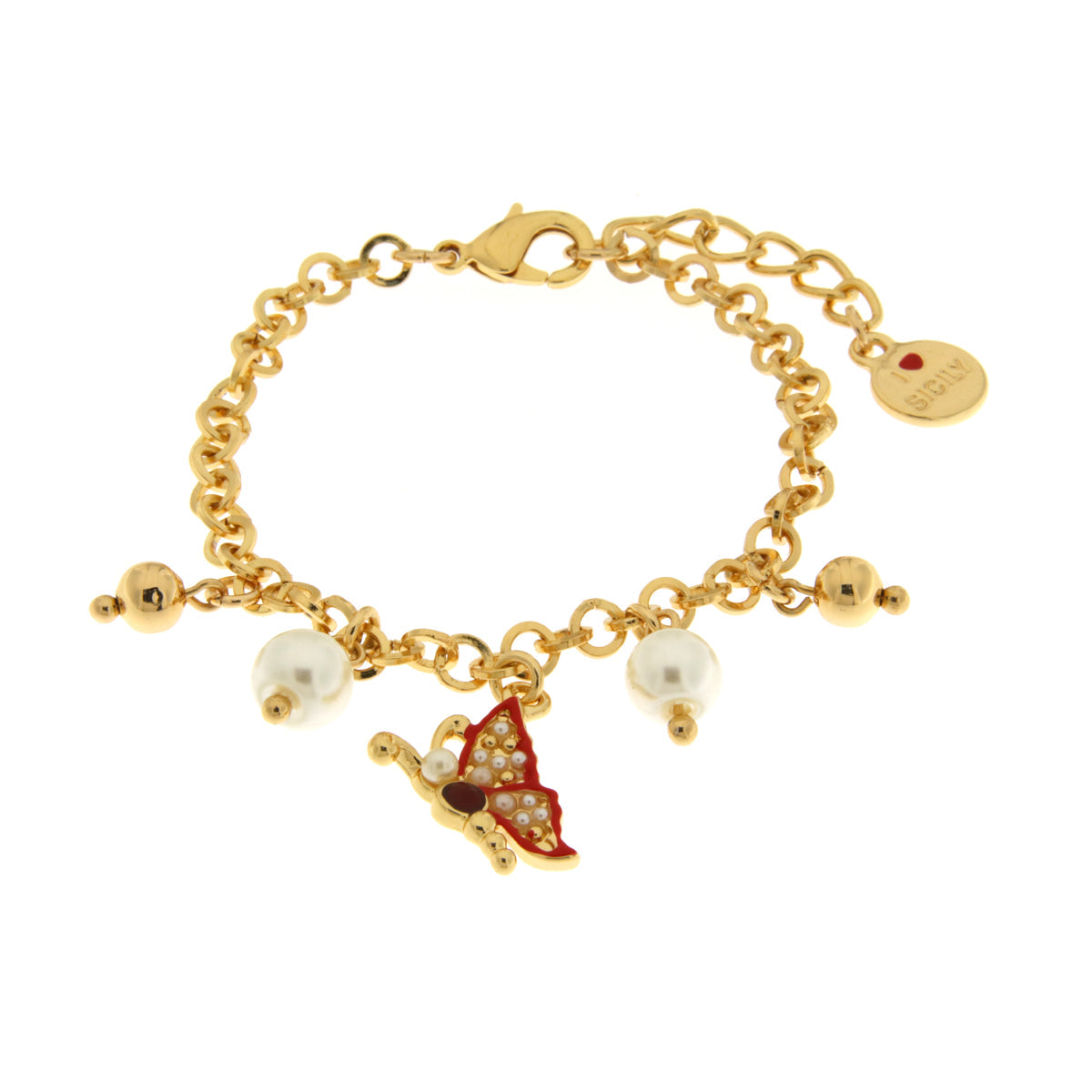 Metal bracelet with red butterfly and pearls