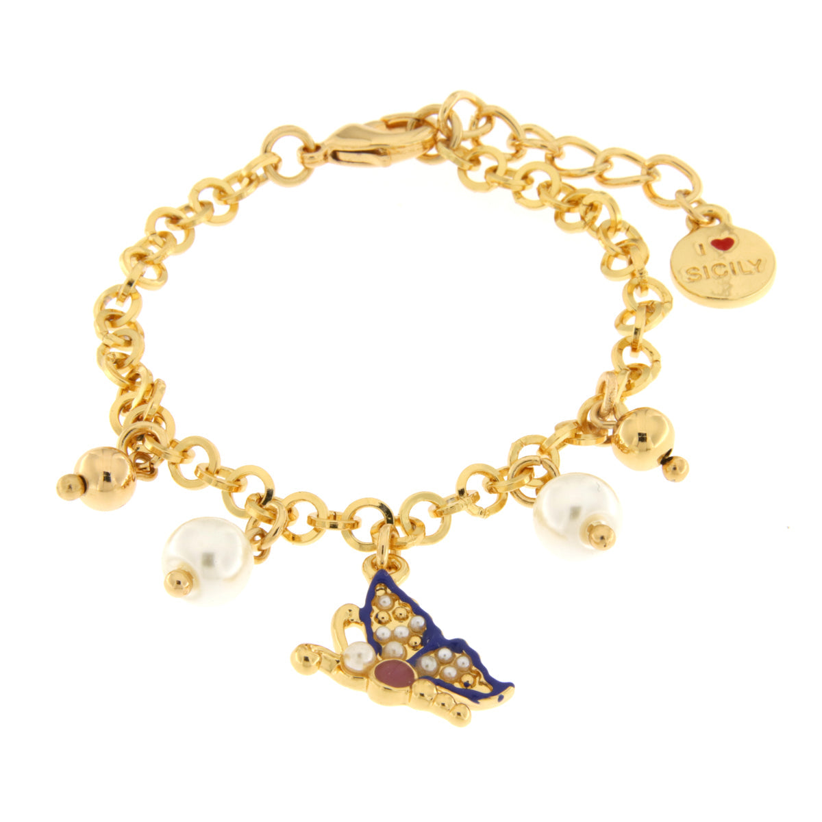 Metal bracelet with blue butterfly and pearls