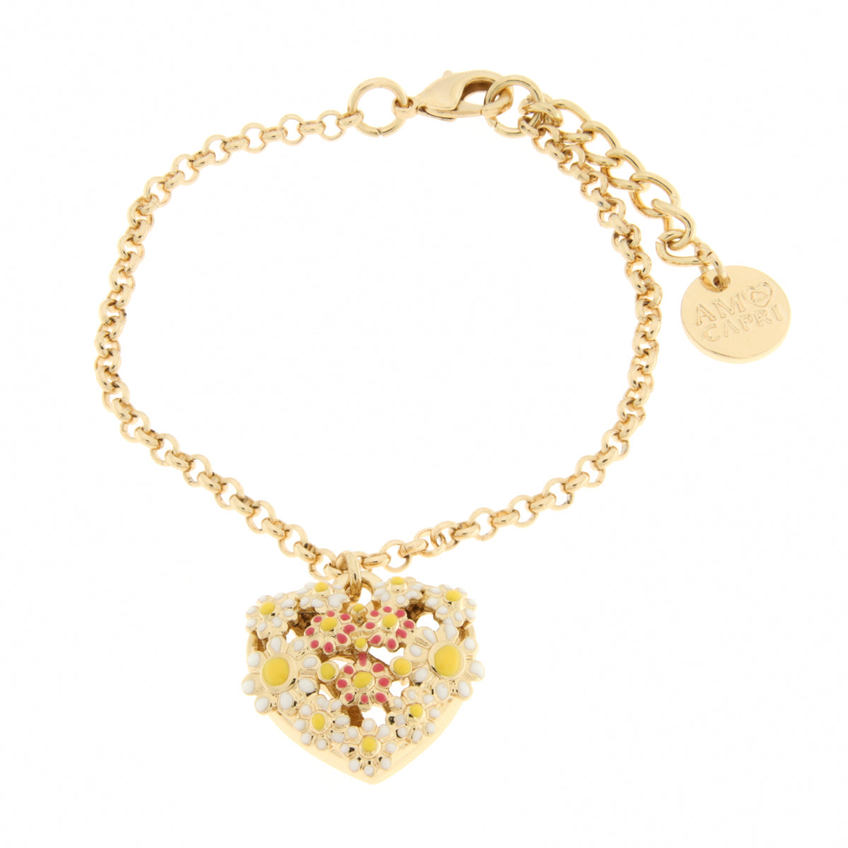 Heart metal bracelet embellished with white flowers