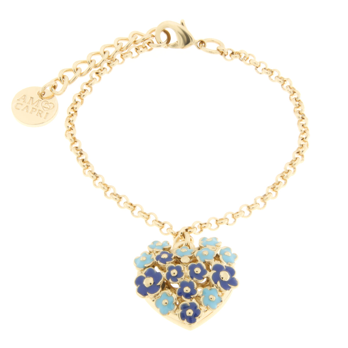 Heart metal bracelet embellished with blue flowers