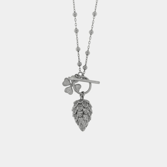 Collana in Argento 925 con pigna pendente, pavè di zirconi bianchi e quadrifoglio con punto luce