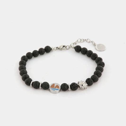 Bracciale in Acciaio con pietre lavica con faraglioni e piccolo sole bianco
