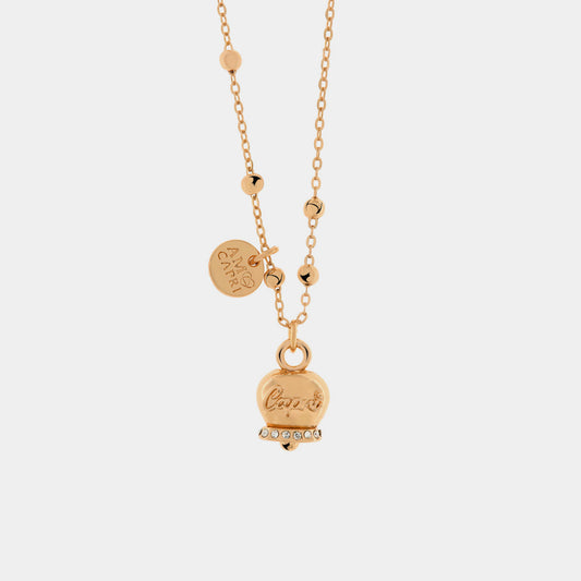 Metal necklace with pendant lucky bell embellished with white crystals and Capri writing in relief