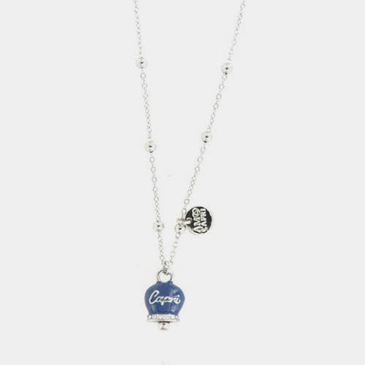 Collana in Metallo con campanella portafortuna pendente impreziosita da smalto blu e cristalli