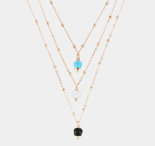 Collana in Metallo a tre fili con campanella nera, bianca e turchese