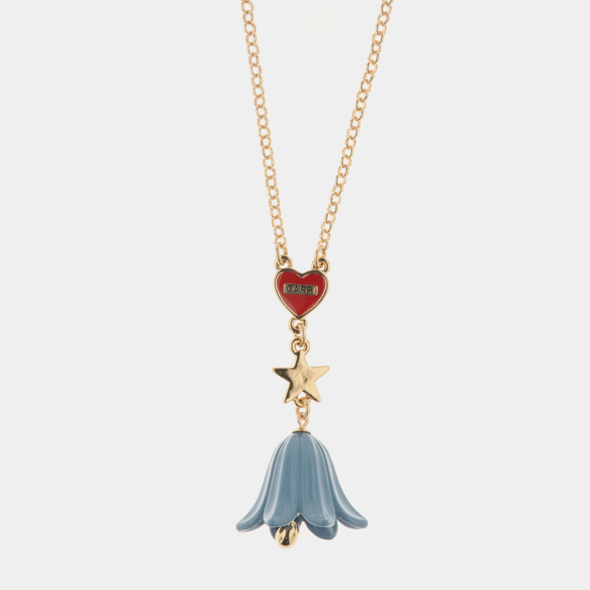 Collana in Metallo con cuore con scritta capri, stella e campanella a forma di campanula blu