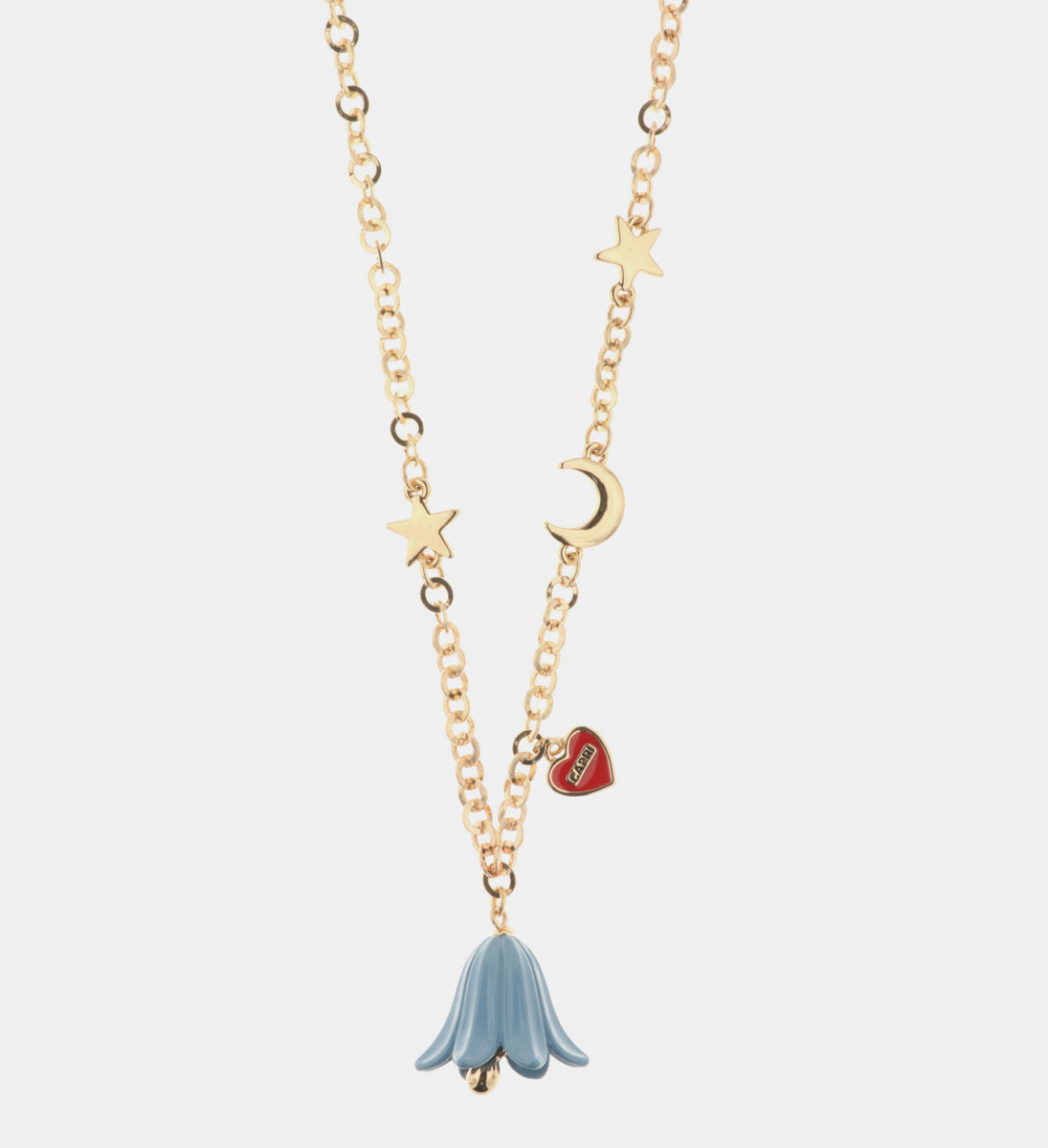 Collana in Metallo con luna, stelle, cuore con capri e campanella a forma di campanula blu