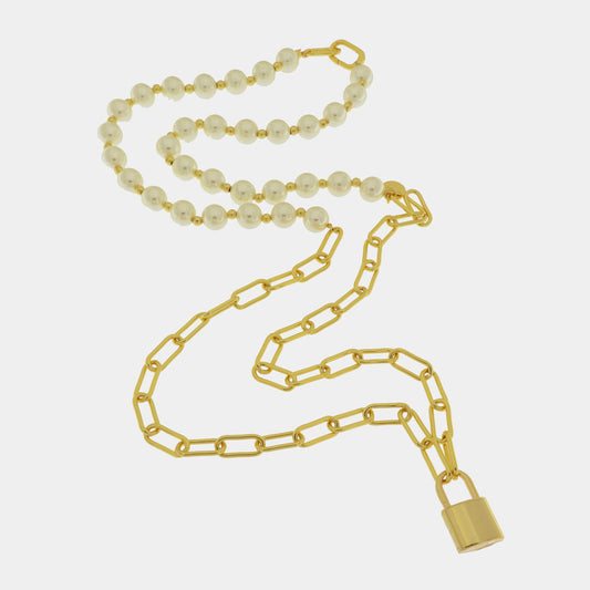 Collana in Metallo a doppia catena con perle e lucchetto pendente