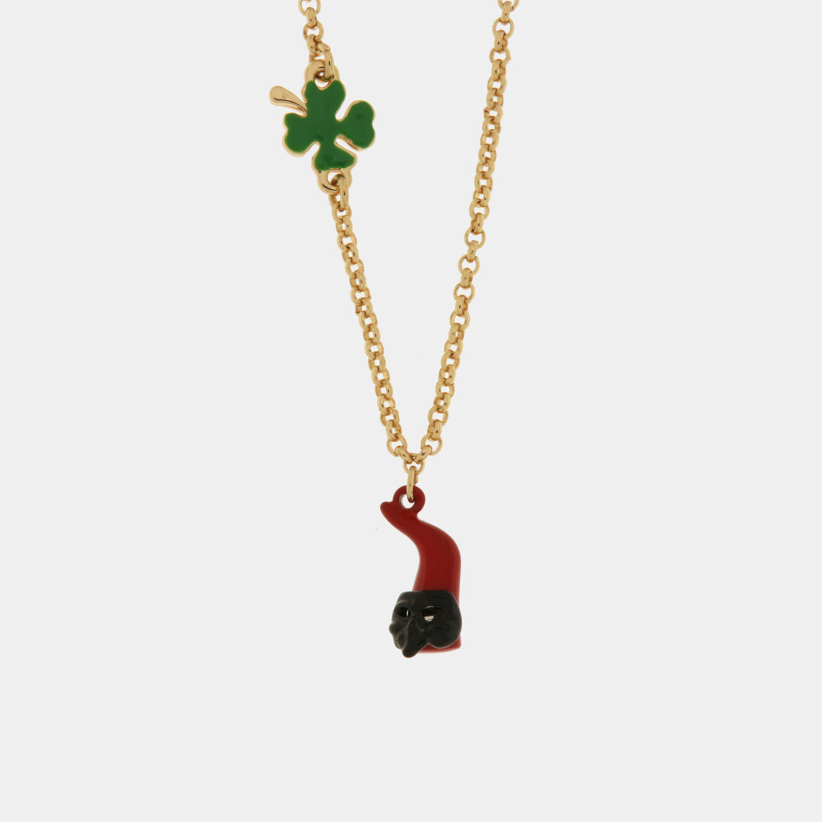 Collana in Metallo con cornetto portafortuna impreziosito da smalto rosso a forma di Pulcinella