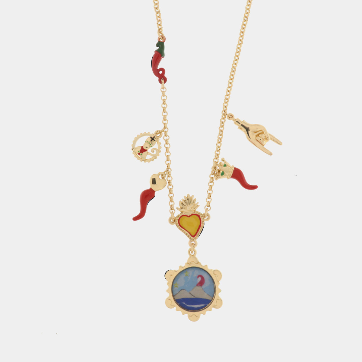 Collana in Metallo con cornetti, cuore sacro, corna e Vesuvio