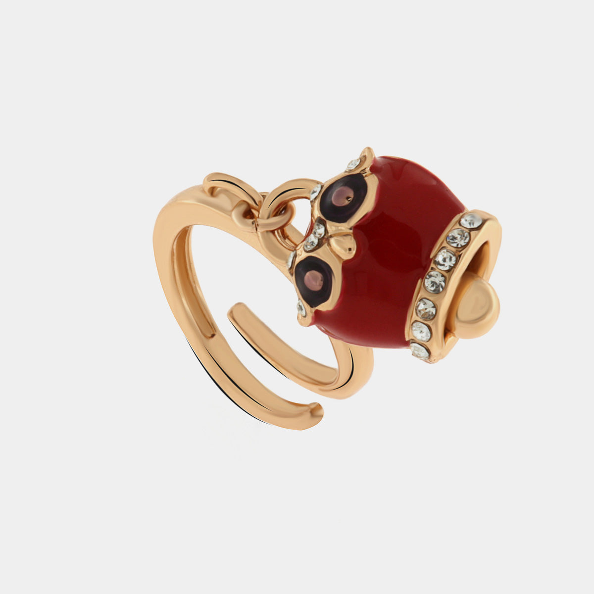 Anello in Metallo con campanella portafortuna a gufo impreziosita da smalto rosso e nero e cristalli bianchi