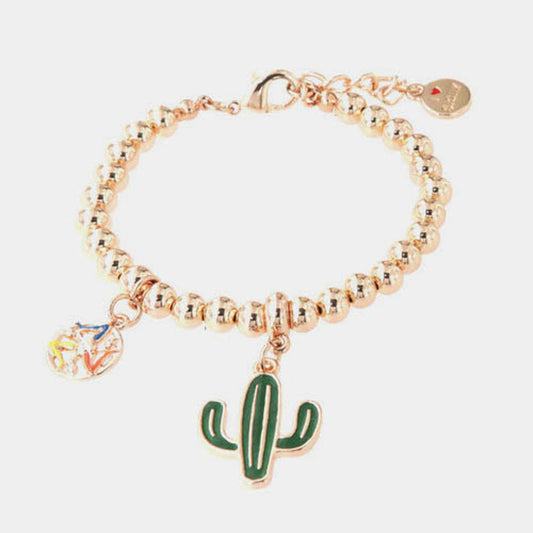 Bracciale in Metallo maglia a sfere, con cactus pendente impreziosito da smalto verde