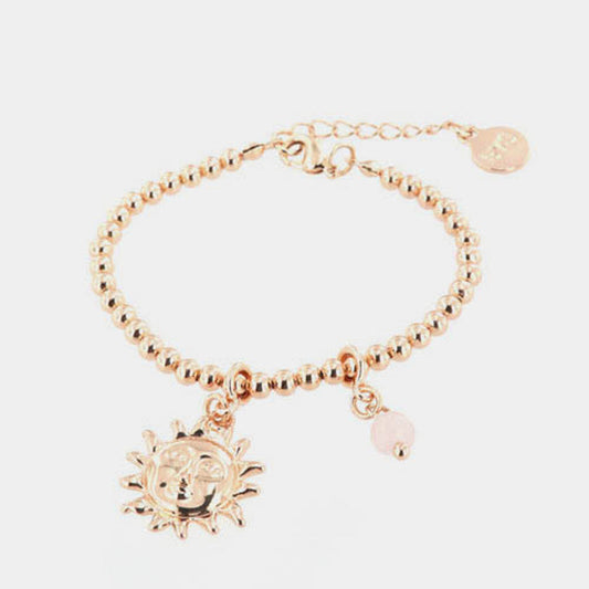 Bracciale in Metallo maglia a sfere, con sole e perlina rosa, pendenti