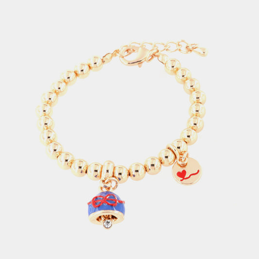 Bracciale in Metallo maglia a sfere, con campana in smalto blu pendente impreziosita da disegno fiocco filo rosso